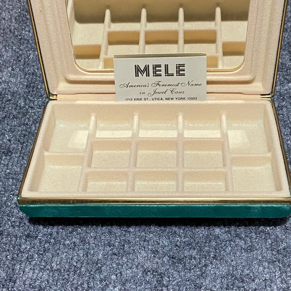 Mele Vintage Emerald Green Velvet Jewelry Case Gold Trim Mirror Travel‎ Box 520